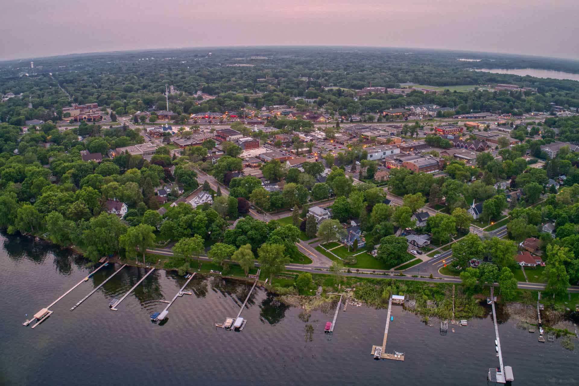 Aerial view of riverside town and marina